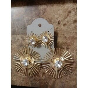 Gold Starburst Drop Earrings Clear Stone Fashion Jewelry NIP